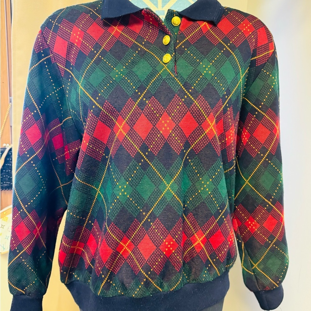 Vintage ALFRED DUNNER Argyle red black Sweater MADE IN USA Plaid Women XL